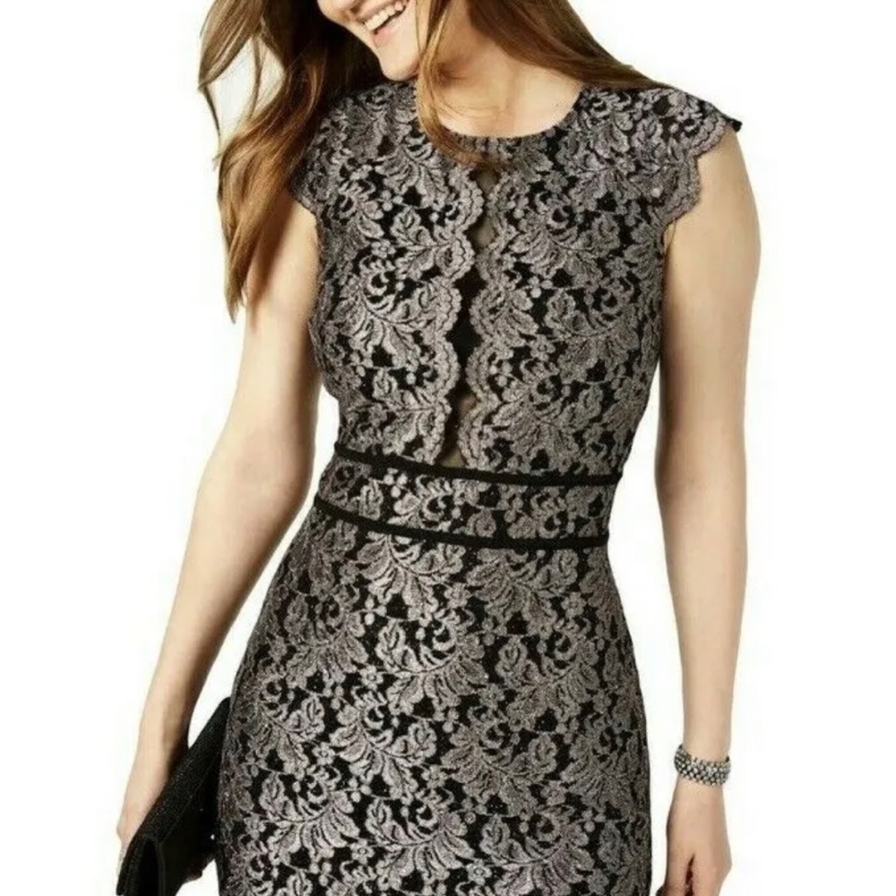 Nightway Womens Size 6 Black Silver Floral Lace Sparkle Mesh Sheath Dress